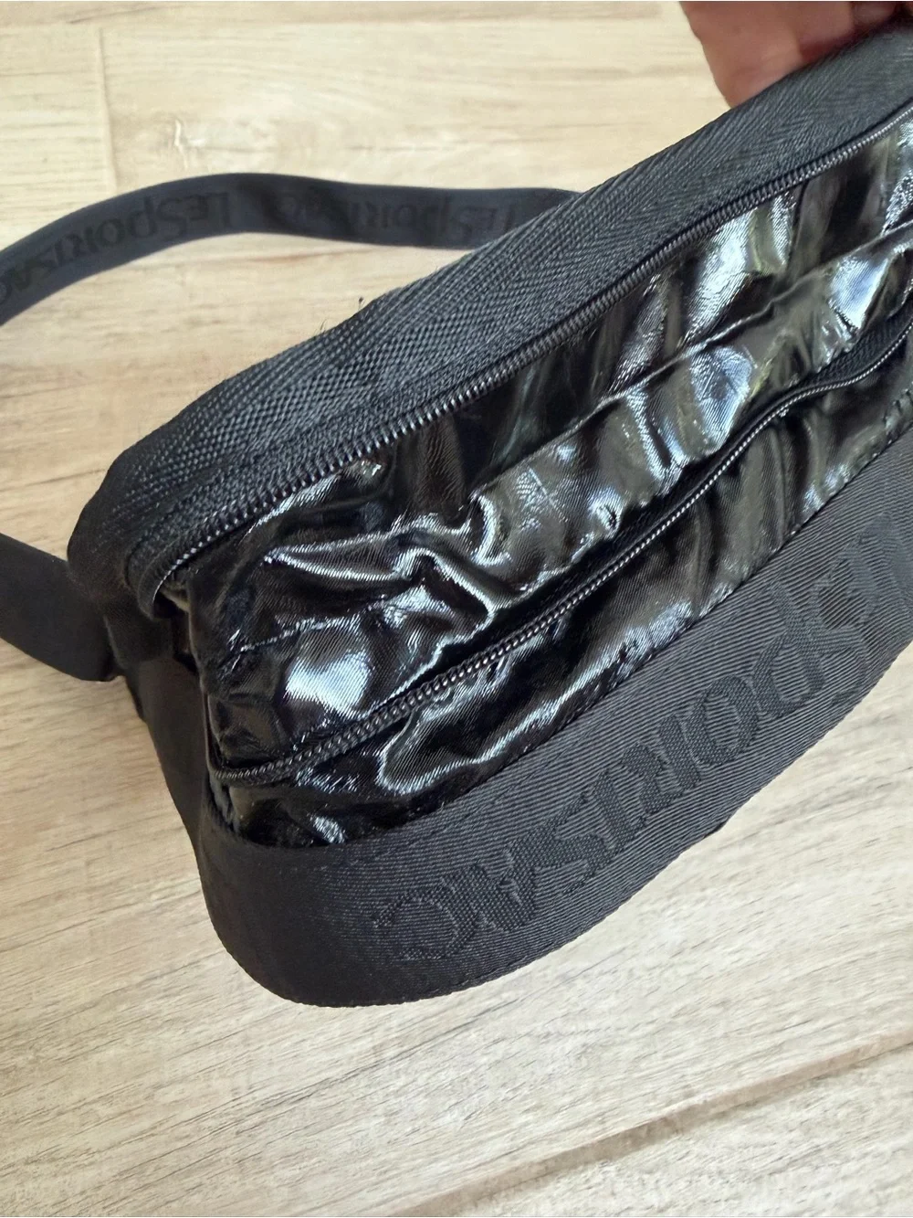 Lesportsac Black Gloss Nylon Messenger Bag with Adjustable Strap